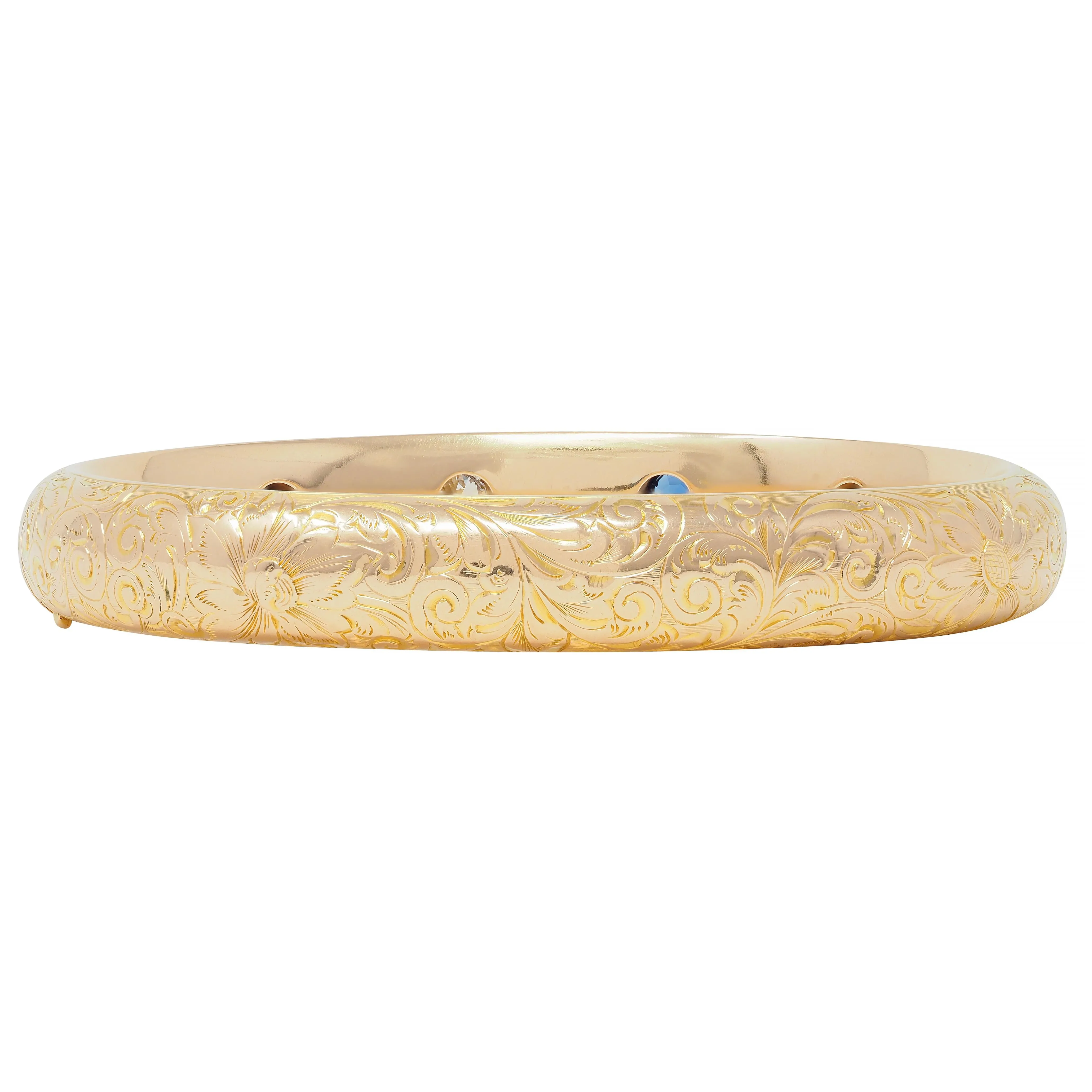 Riker Brothers Art Nouveau 2.20 CTW Sapphire Diamond 14 Karat Gold Antique Scroll Bangle Bracelet