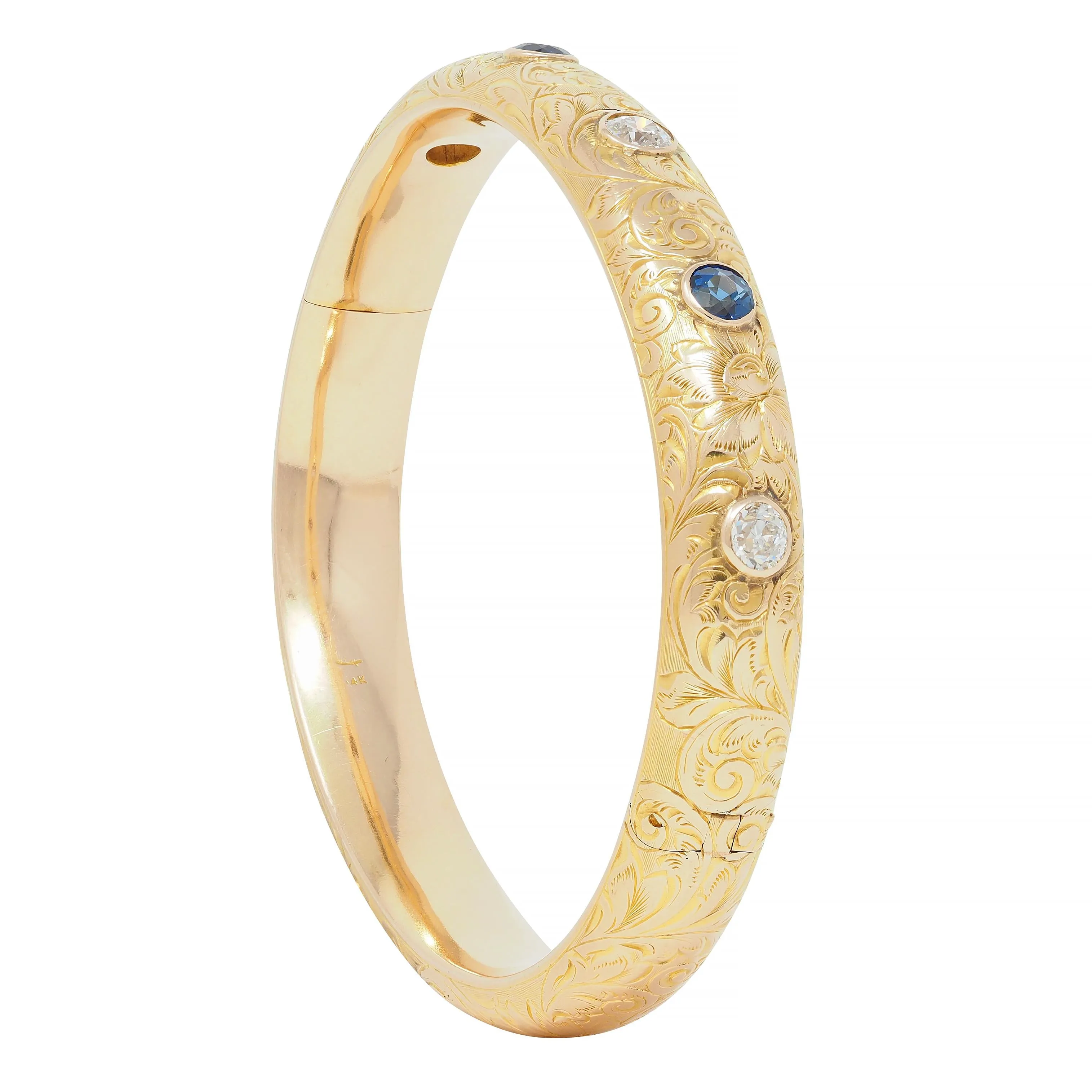 Riker Brothers Art Nouveau 2.20 CTW Sapphire Diamond 14 Karat Gold Antique Scroll Bangle Bracelet