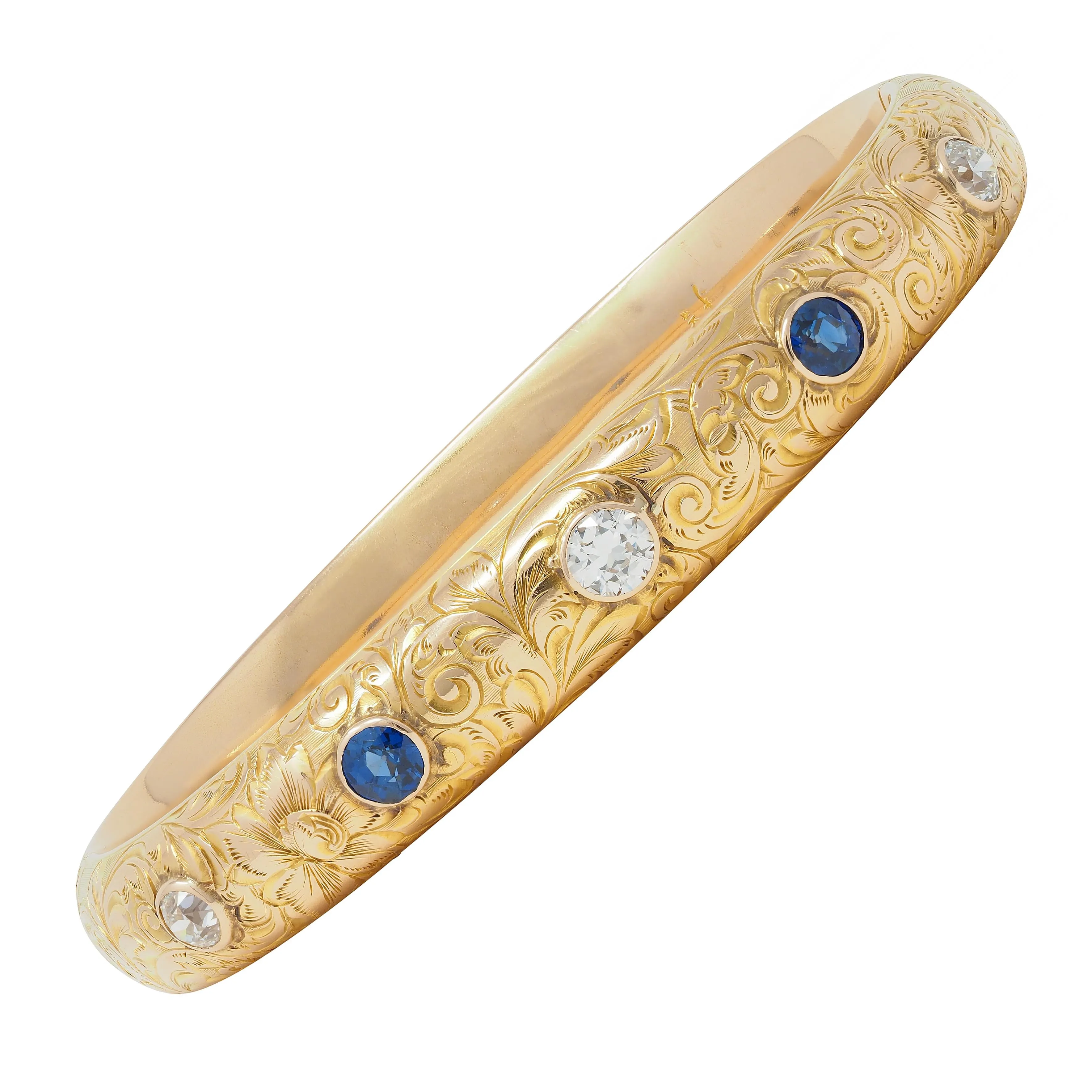 Riker Brothers Art Nouveau 2.20 CTW Sapphire Diamond 14 Karat Gold Antique Scroll Bangle Bracelet