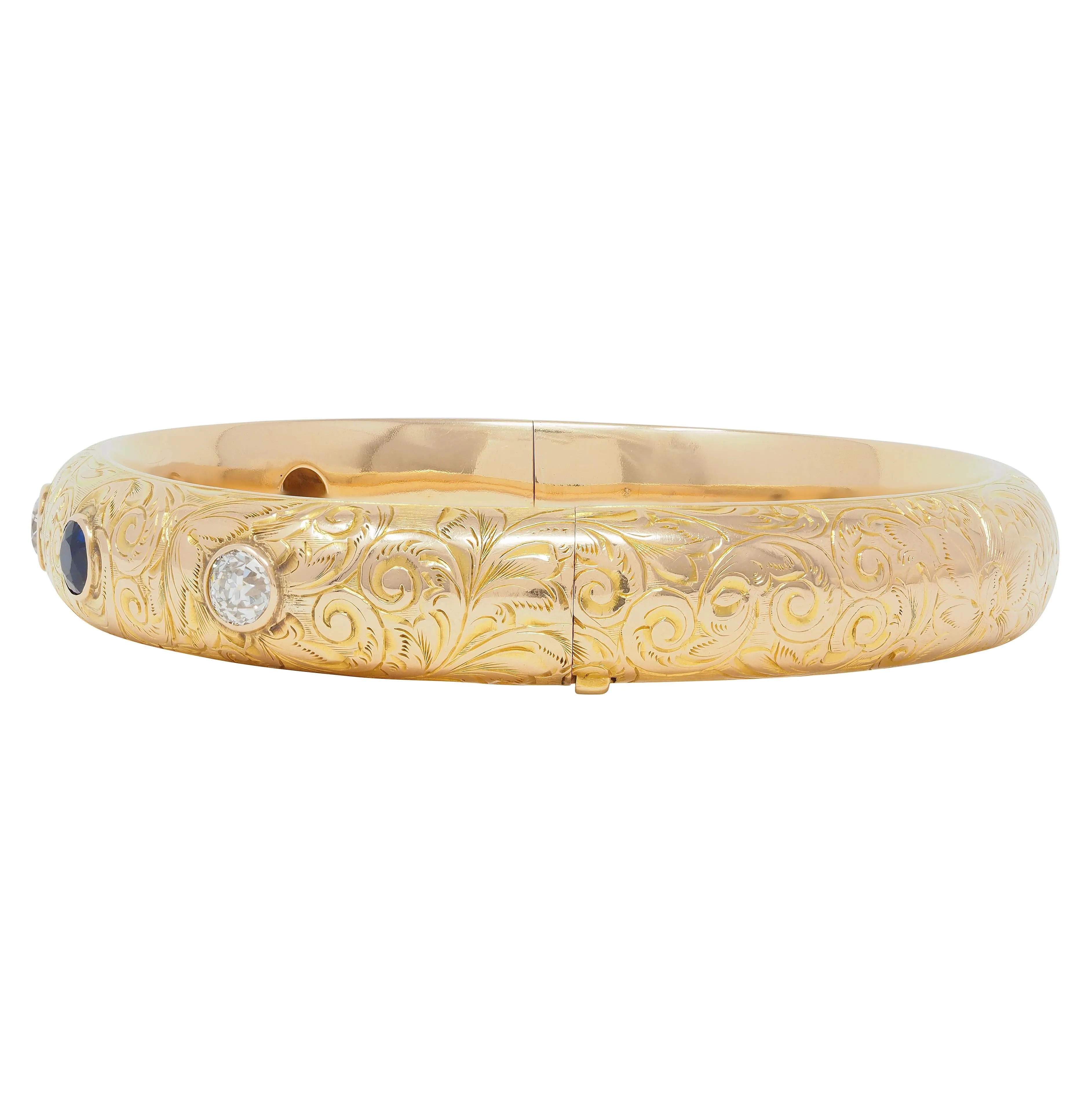 Riker Brothers Art Nouveau 2.20 CTW Sapphire Diamond 14 Karat Gold Antique Scroll Bangle Bracelet