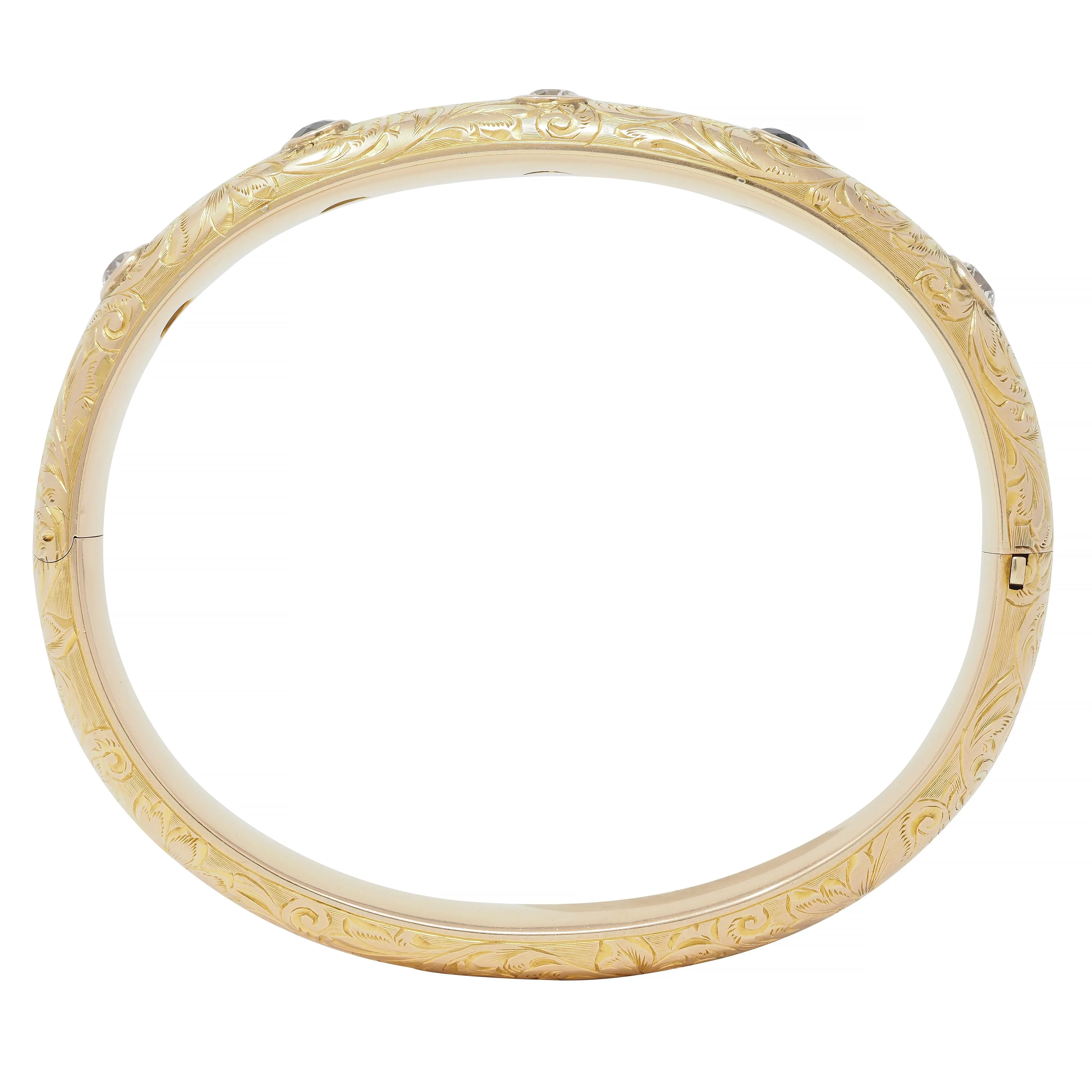 Riker Brothers Art Nouveau 2.20 CTW Sapphire Diamond 14 Karat Gold Antique Scroll Bangle Bracelet