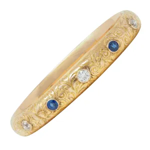 Riker Brothers Art Nouveau 2.20 CTW Sapphire Diamond 14 Karat Gold Antique Scroll Bangle Bracelet