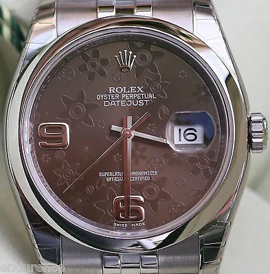 ROLEX DATEJUST 36mm BROWN FLORAL DIAL MODEL 116200 STAINLESS STEEL MENS LADIES