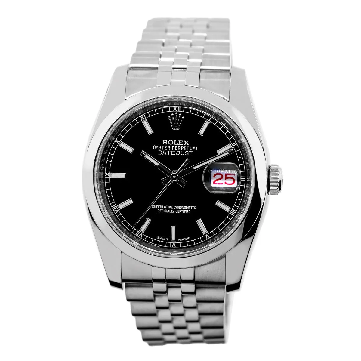 Rolex Datejust 36mm Stainless Steel Black Index Dial Smooth Bezel 116200