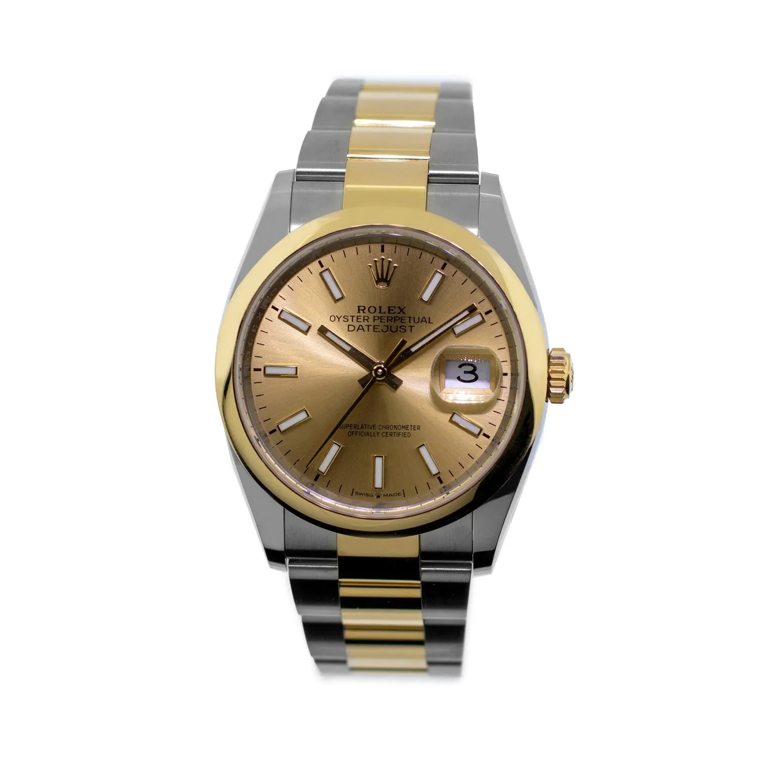 Rolex Datejust 36mm Yellow Gold & Steel Champagne Index Dial & Smooth Bezel 126203