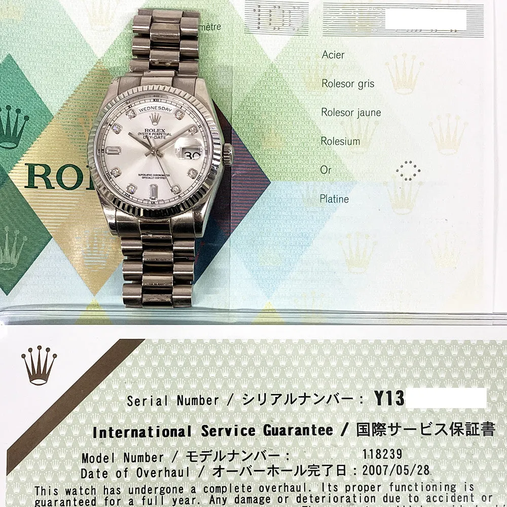 Rolex Day Date 118239A Silver Diamond Dial Jan 2003