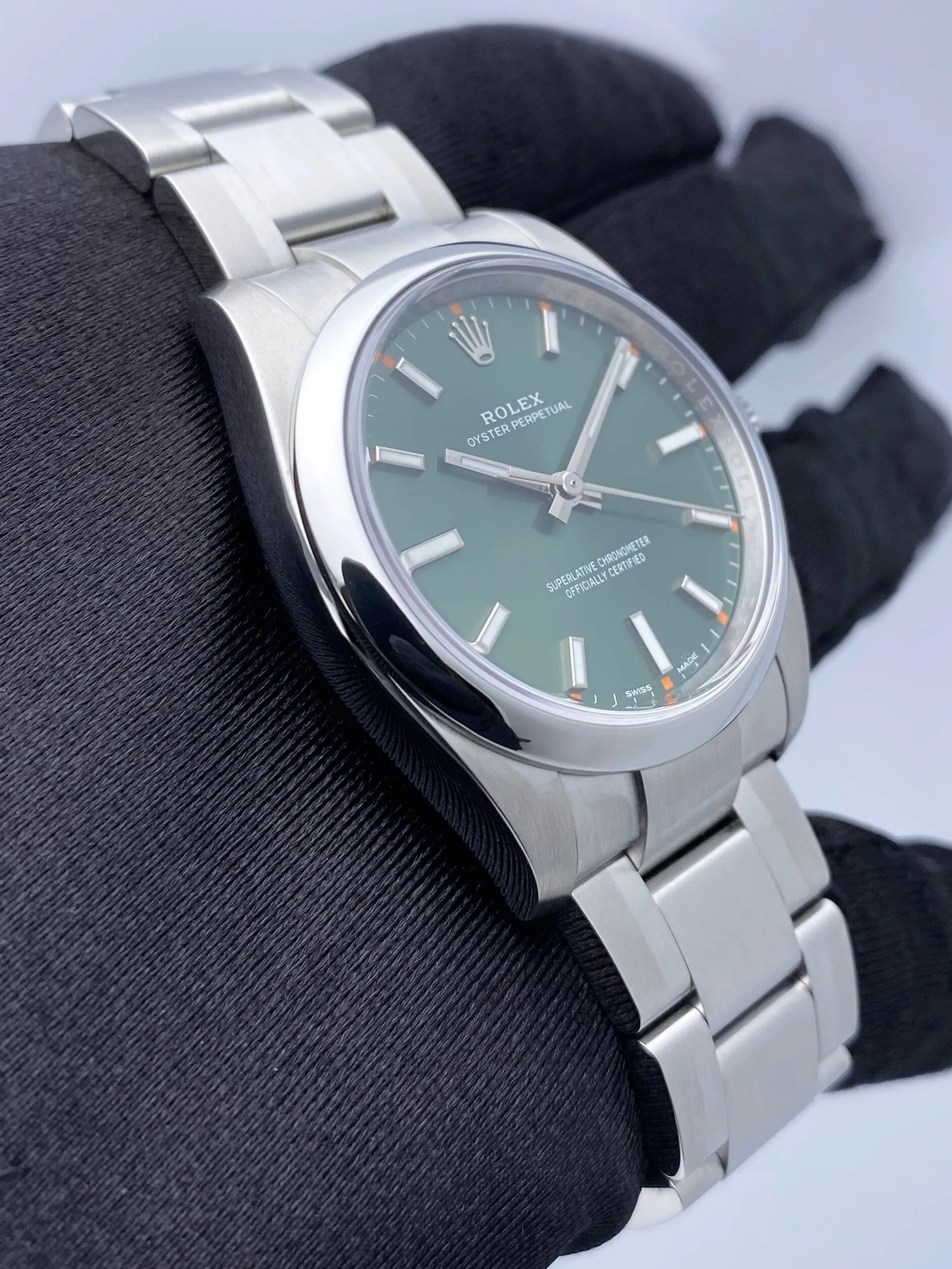 Rolex Oyster Perpetual 114200 Green Dial Mens Watch Box & Papers