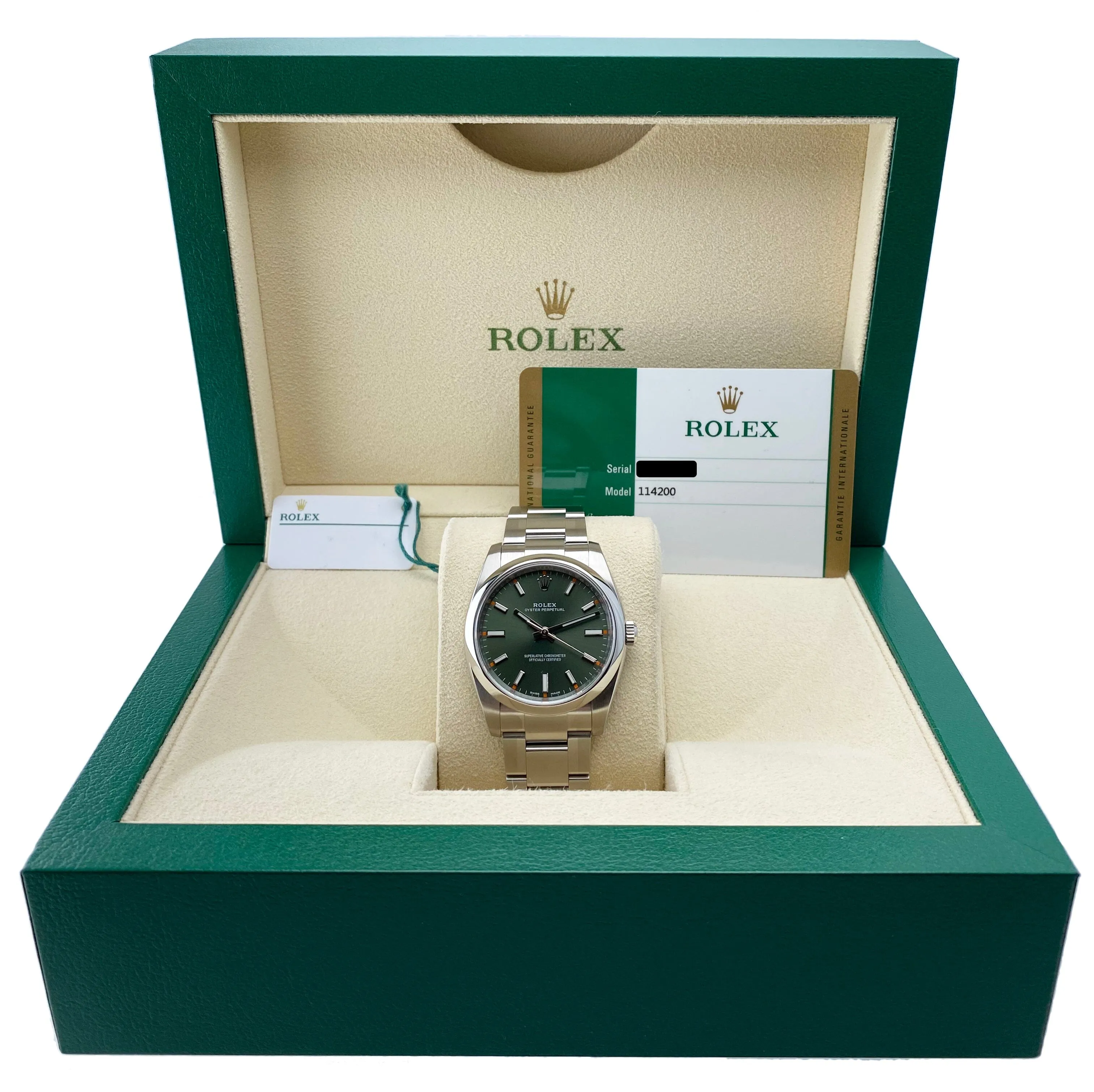 Rolex Oyster Perpetual 114200 Green Dial Mens Watch Box & Papers