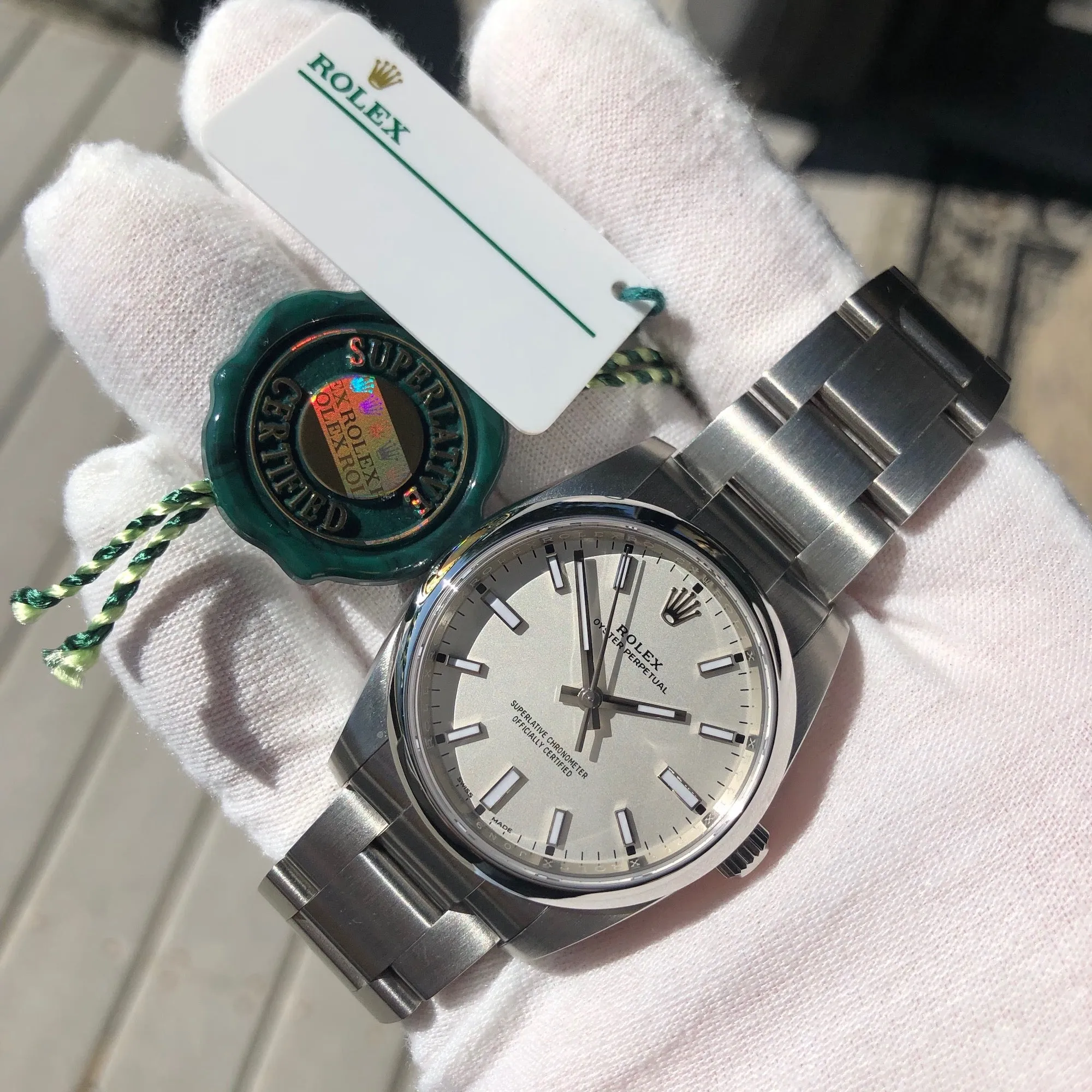 Rolex Oyster Perpetual 114200 White Stainless Steel Automatic Wristwatch Box Papers Circa 2019