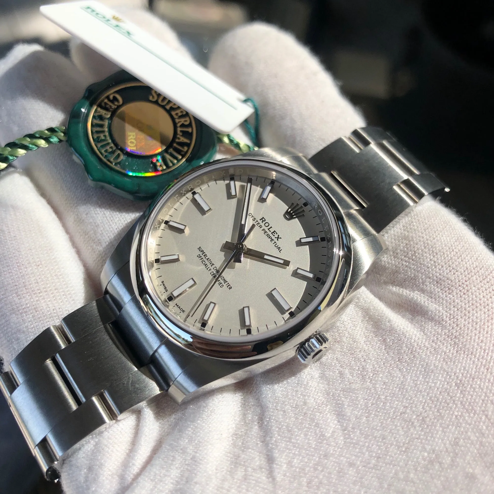 Rolex Oyster Perpetual 114200 White Stainless Steel Automatic Wristwatch Box Papers Circa 2019