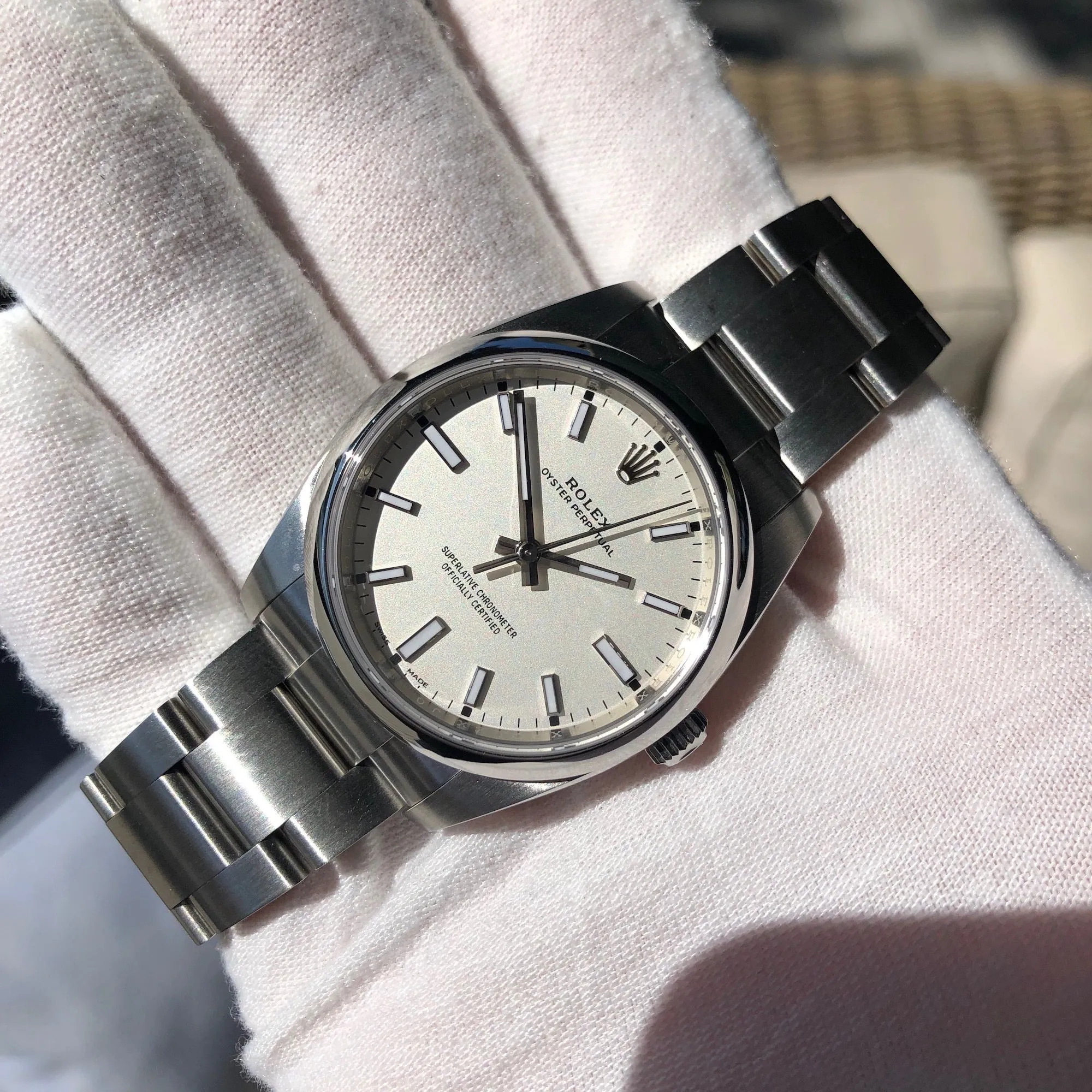 Rolex Oyster Perpetual 114200 White Stainless Steel Automatic Wristwatch Box Papers Circa 2019