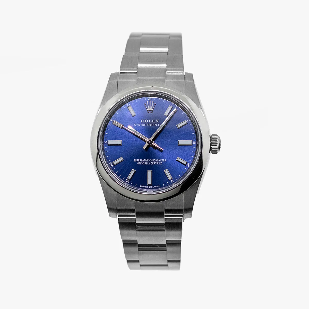 Rolex Oyster Perpetual 34mm Stainless Steel Blue Index Dial Smooth Bezel 124200