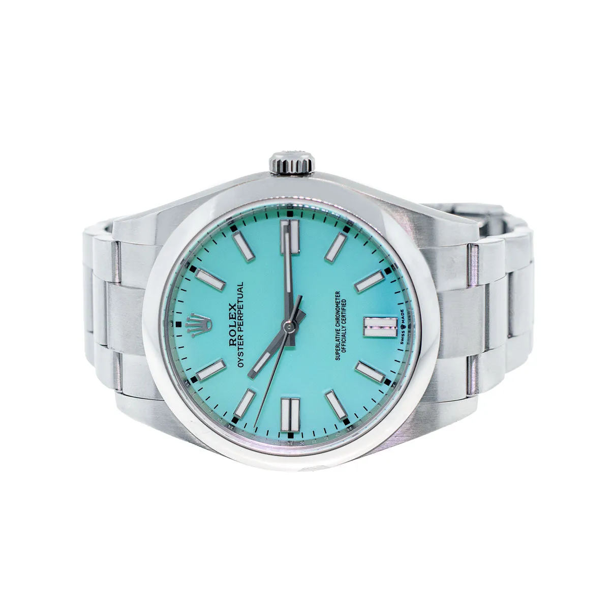 Rolex Oyster Perpetual 39mm Stainless Steel CUSTOM  Tiffany Blue Index Dial & Smooth Bezel 114300