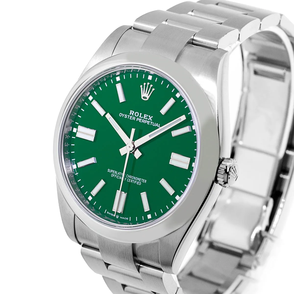 Rolex Oyster Perpetual 41mm Stainless Steel Green Index Dial & Smooth Bezel 124300