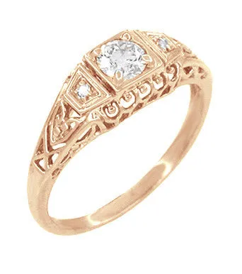 Rose Gold Filigree 1920's Art Deco White Sapphires Engagement Ring