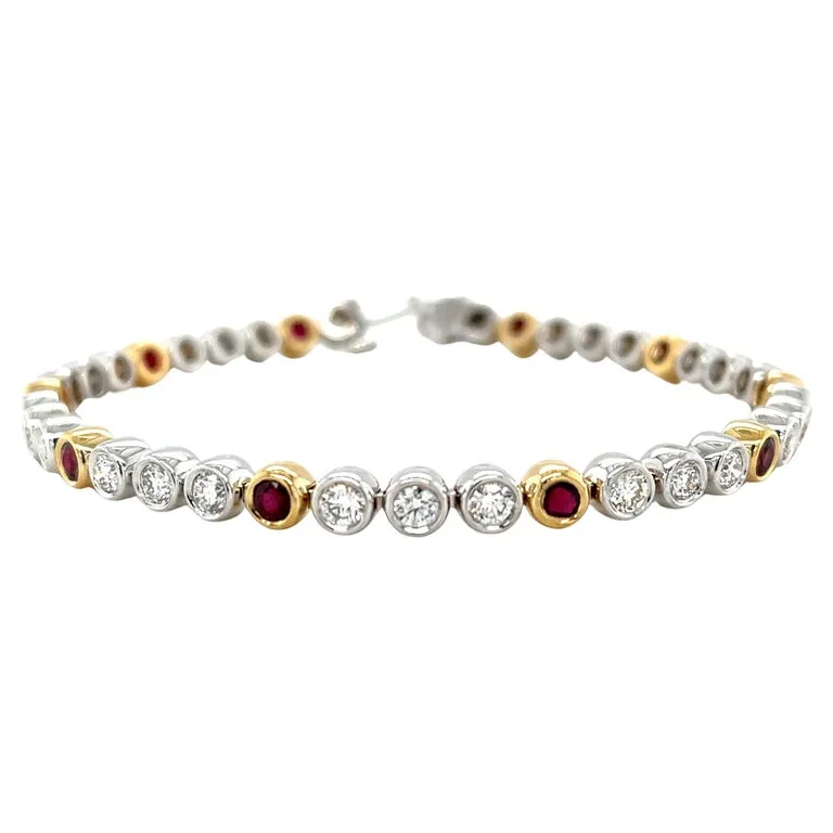 Ruby and Diamond Tennis Bracelet in 18k Gold, Bezel Setting
