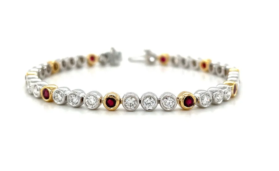 Ruby and Diamond Tennis Bracelet in 18k Gold, Bezel Setting