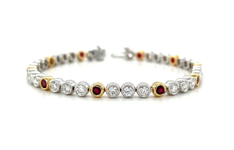 Ruby and Diamond Tennis Bracelet in 18k Gold, Bezel Setting