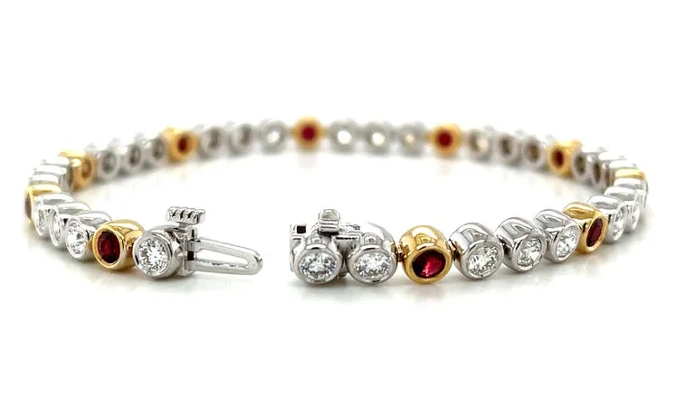 Ruby and Diamond Tennis Bracelet in 18k Gold, Bezel Setting