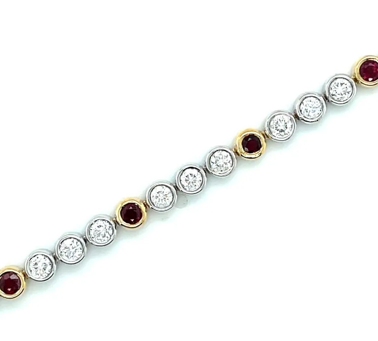 Ruby and Diamond Tennis Bracelet in 18k Gold, Bezel Setting