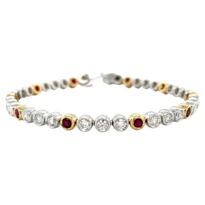 Ruby and Diamond Tennis Bracelet in 18k Gold, Bezel Setting