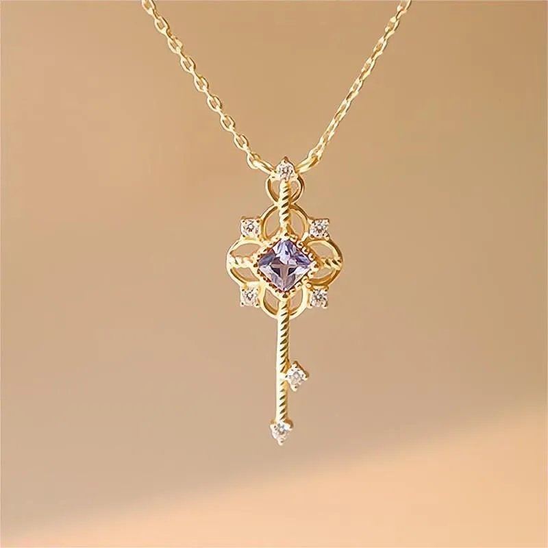 S925 Sterling Silver CZ Inlaid Key Pendant Necklace