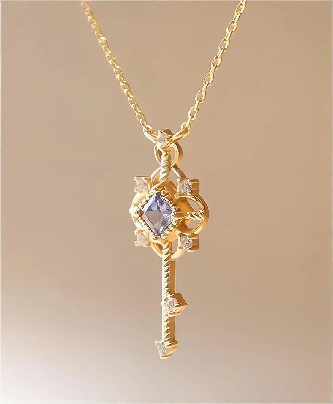 S925 Sterling Silver CZ Inlaid Key Pendant Necklace