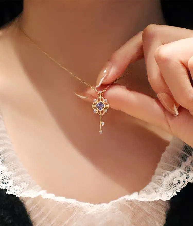 S925 Sterling Silver CZ Inlaid Key Pendant Necklace