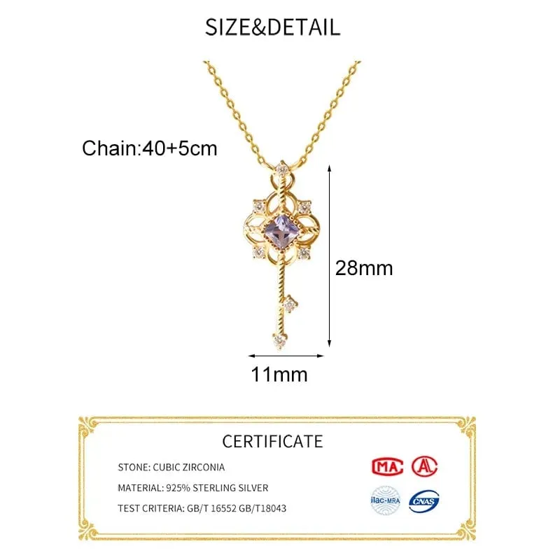 S925 Sterling Silver CZ Inlaid Key Pendant Necklace