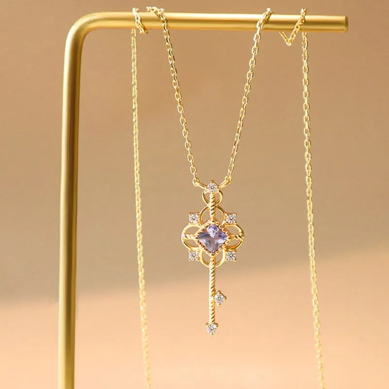 S925 Sterling Silver CZ Inlaid Key Pendant Necklace