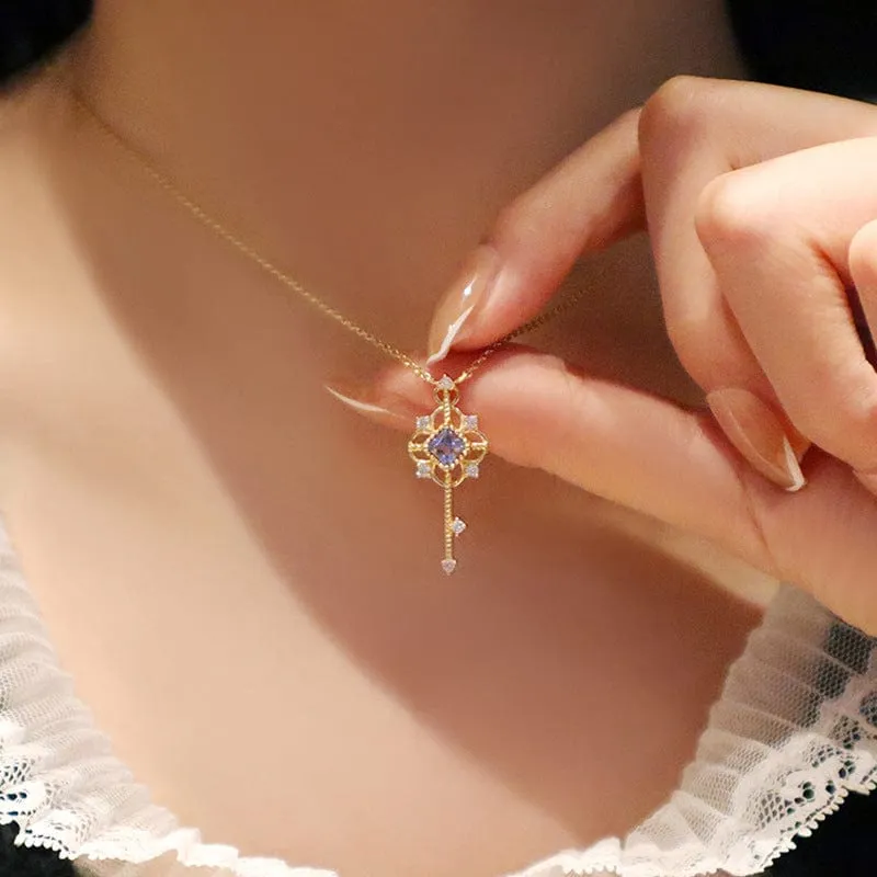 S925 Sterling Silver CZ Inlaid Key Pendant Necklace