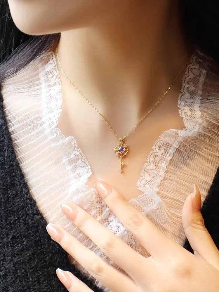 S925 Sterling Silver CZ Inlaid Key Pendant Necklace