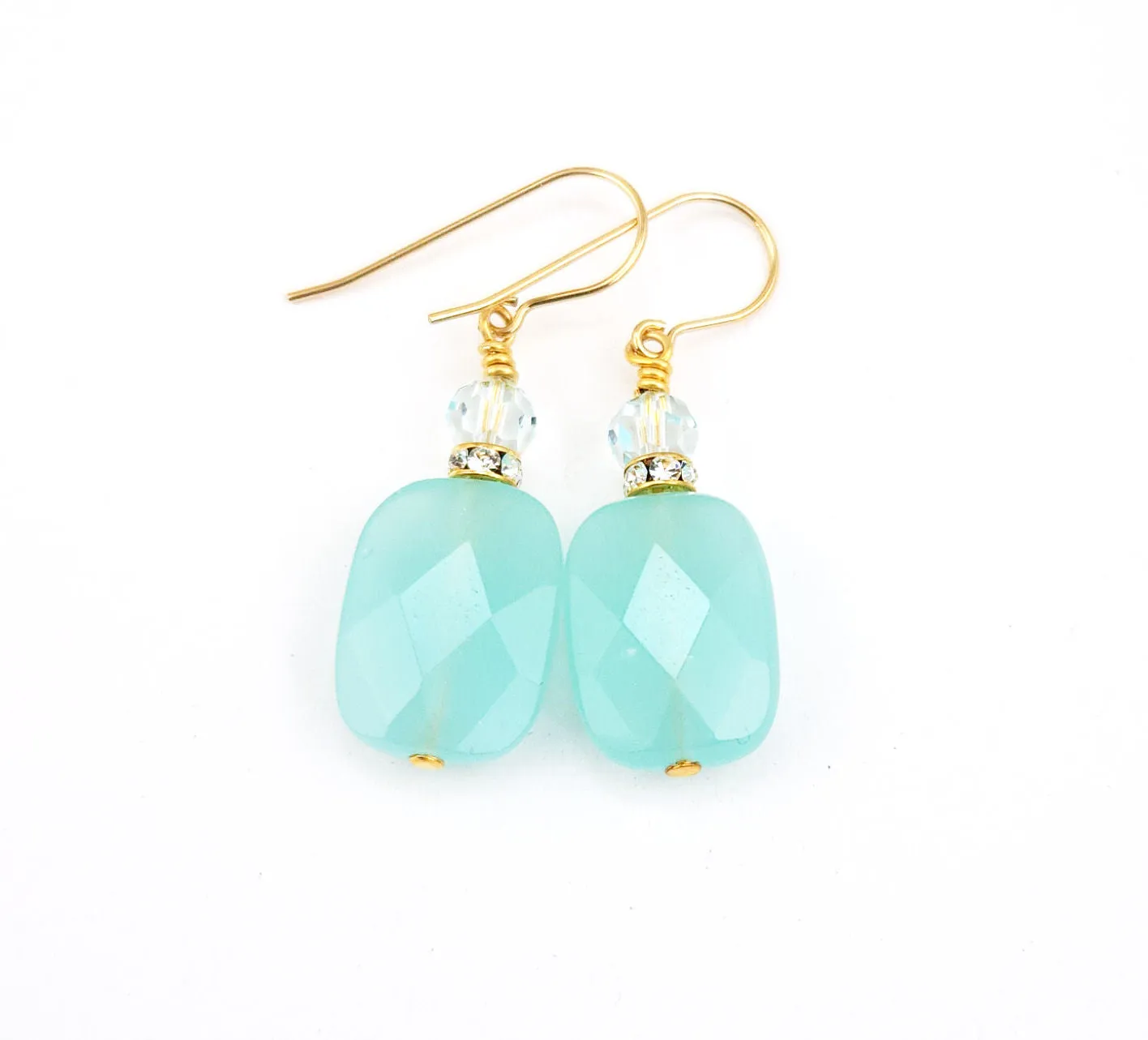 Seafoam Faceted Glass Rectangle, Rhinestone, and Crystal Earrings
