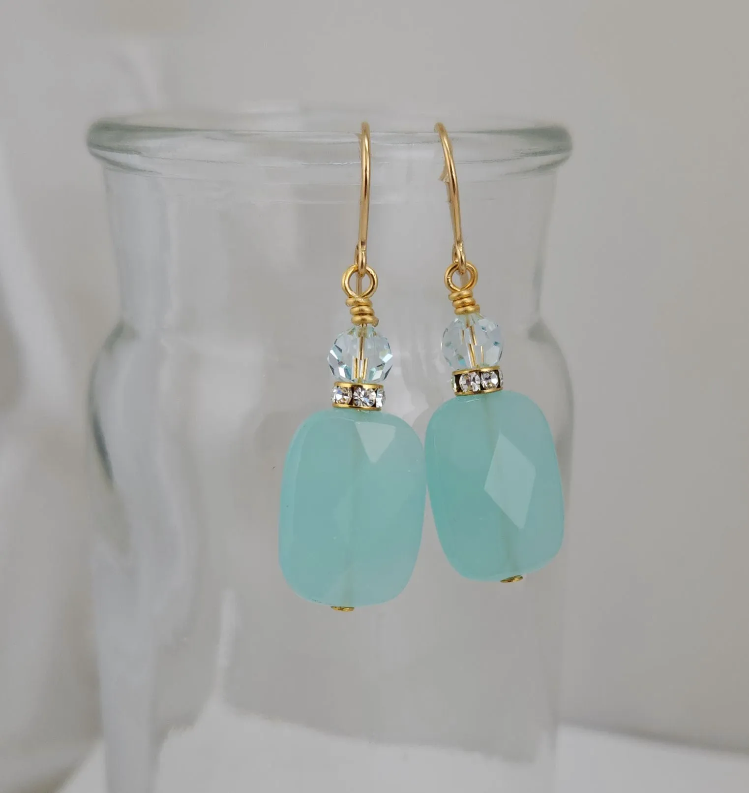 Seafoam Faceted Glass Rectangle, Rhinestone, and Crystal Earrings