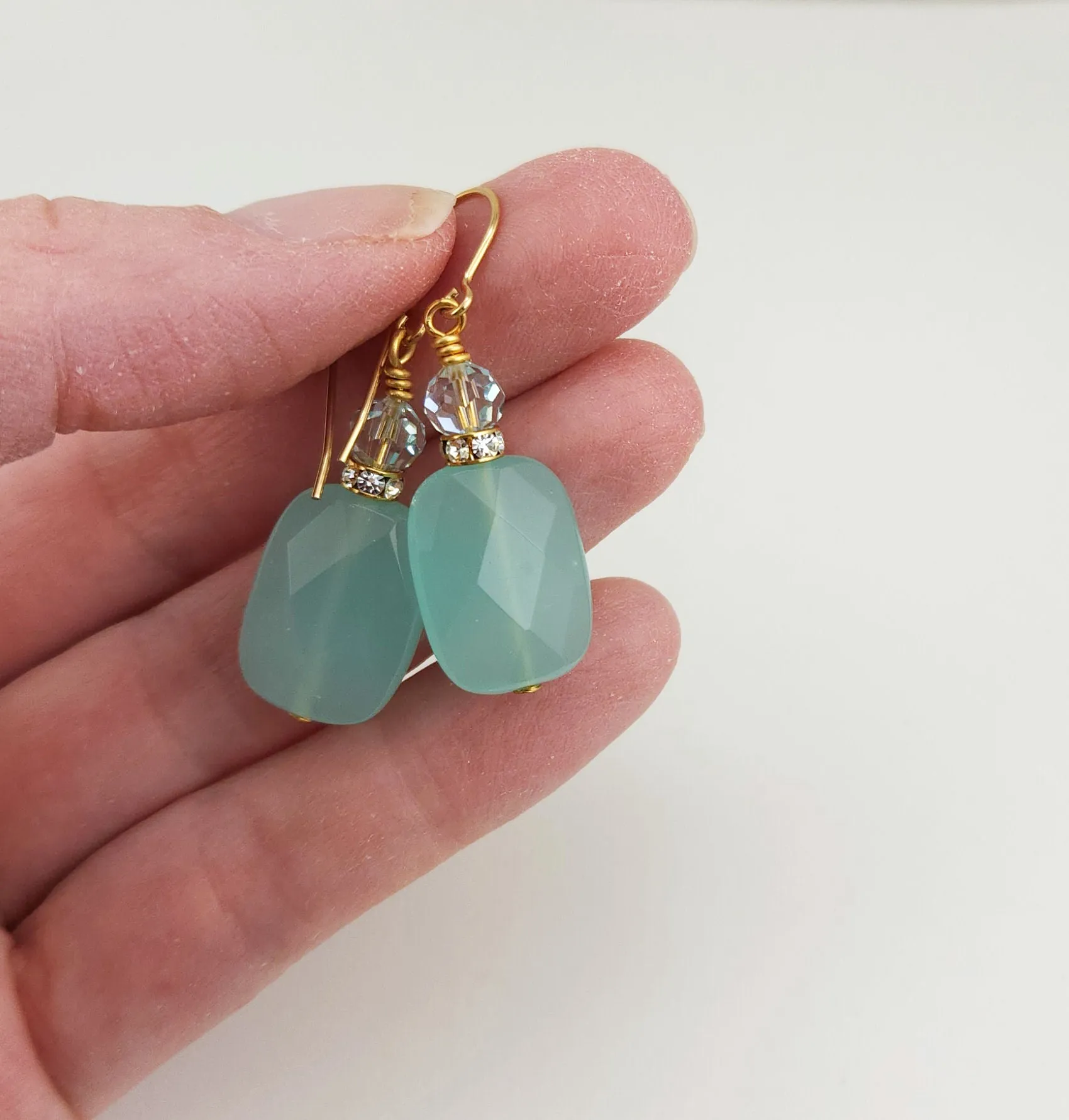 Seafoam Faceted Glass Rectangle, Rhinestone, and Crystal Earrings