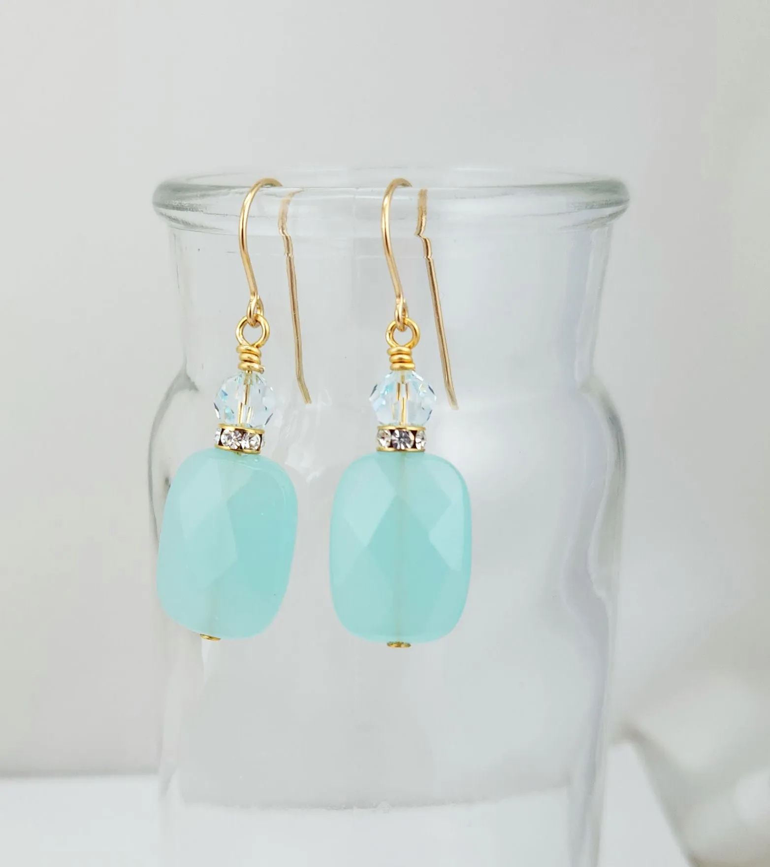 Seafoam Faceted Glass Rectangle, Rhinestone, and Crystal Earrings