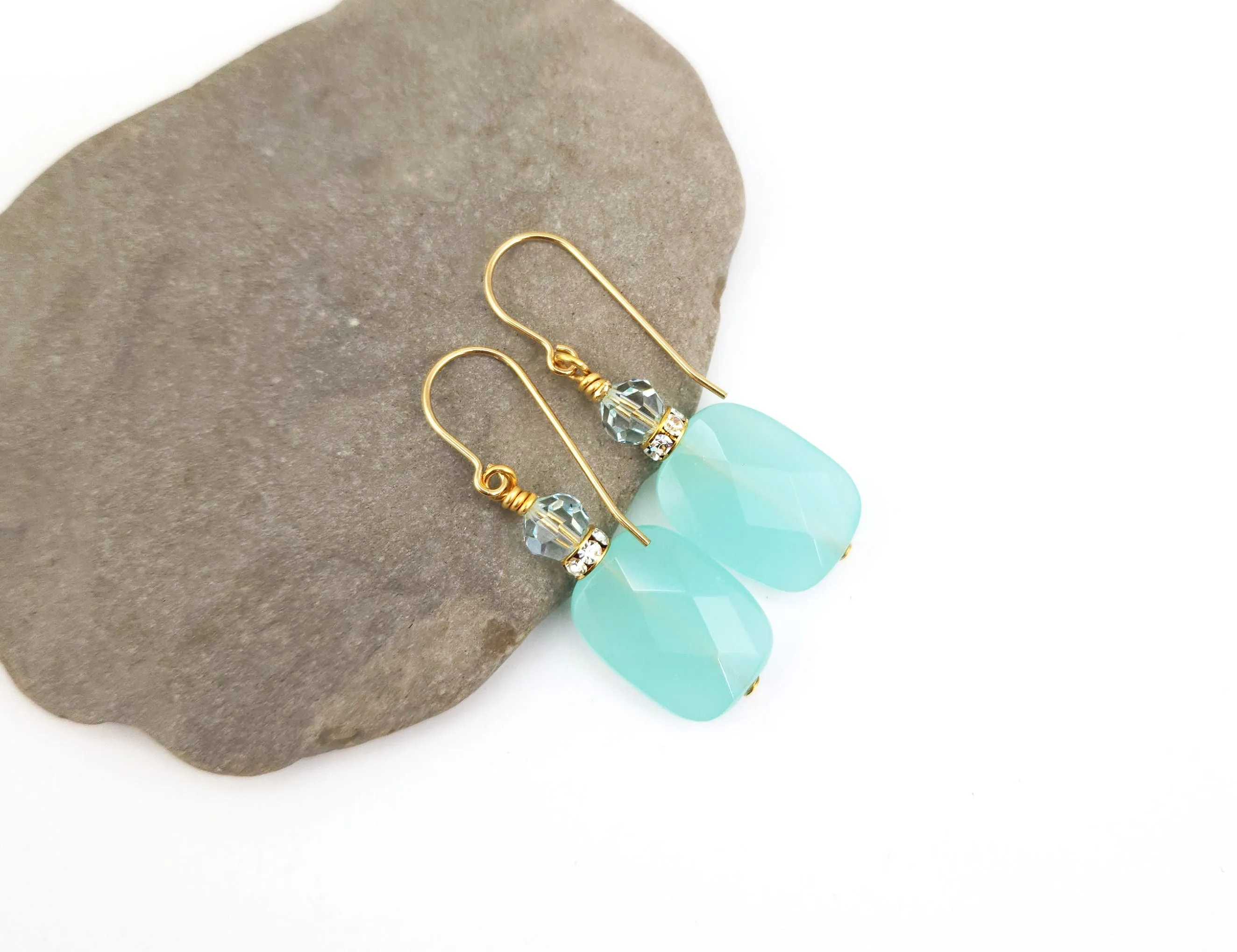 Seafoam Faceted Glass Rectangle, Rhinestone, and Crystal Earrings