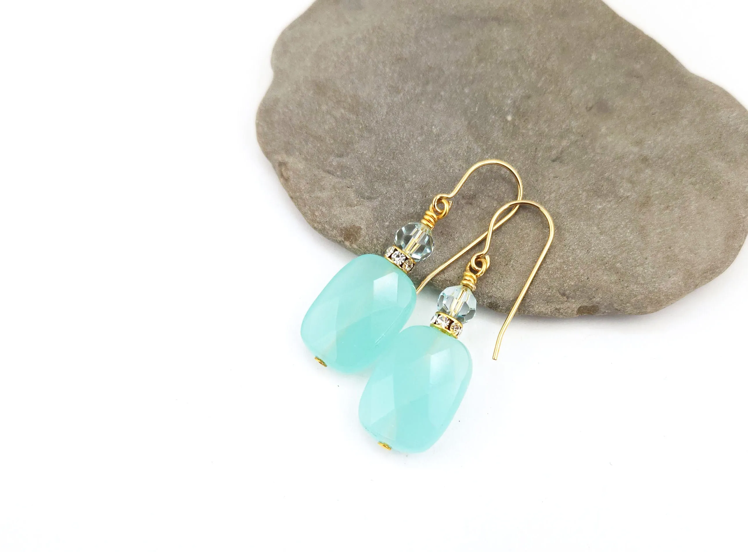 Seafoam Faceted Glass Rectangle, Rhinestone, and Crystal Earrings