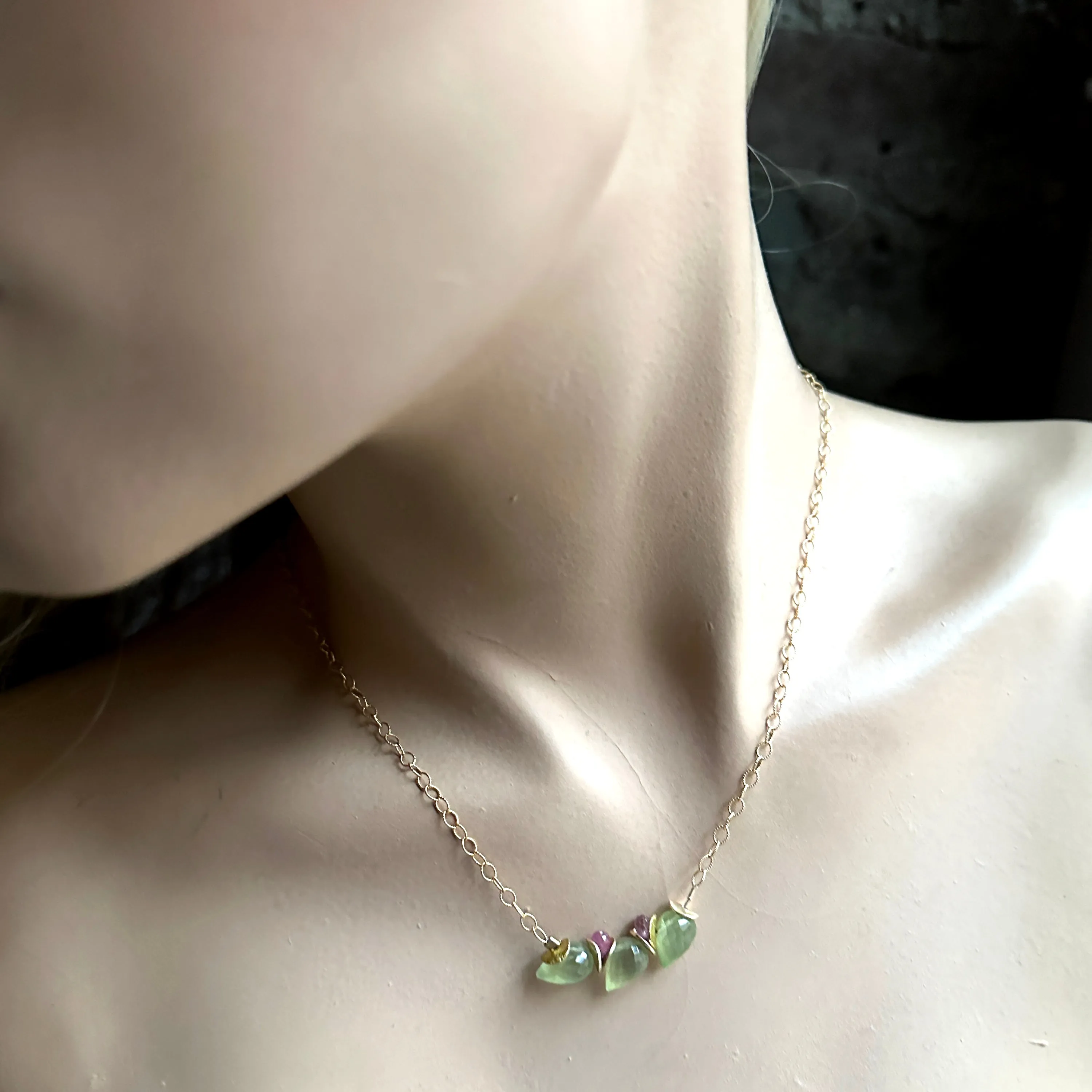 Signature Prehnite Herringbone with Pink Sapphire Gold Bracelet