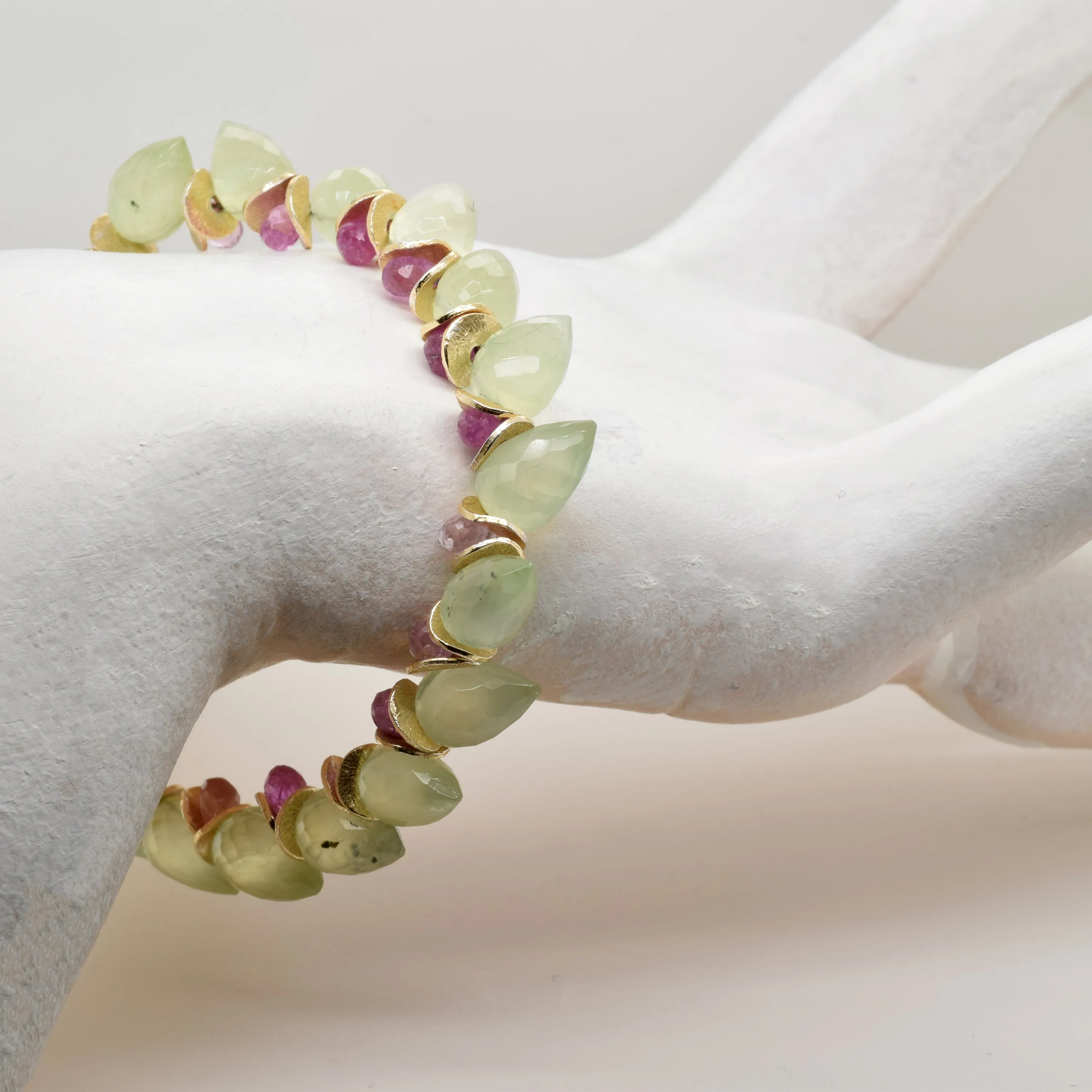 Signature Prehnite Herringbone with Pink Sapphire Gold Bracelet