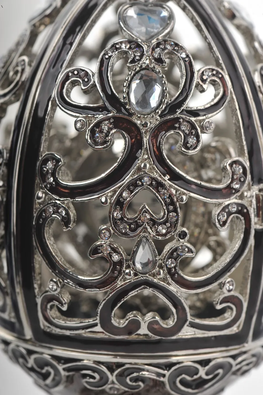 Silver & Black Faberge Style Egg with a Clock Inside