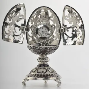 Silver & Black Faberge Style Egg with a Clock Inside