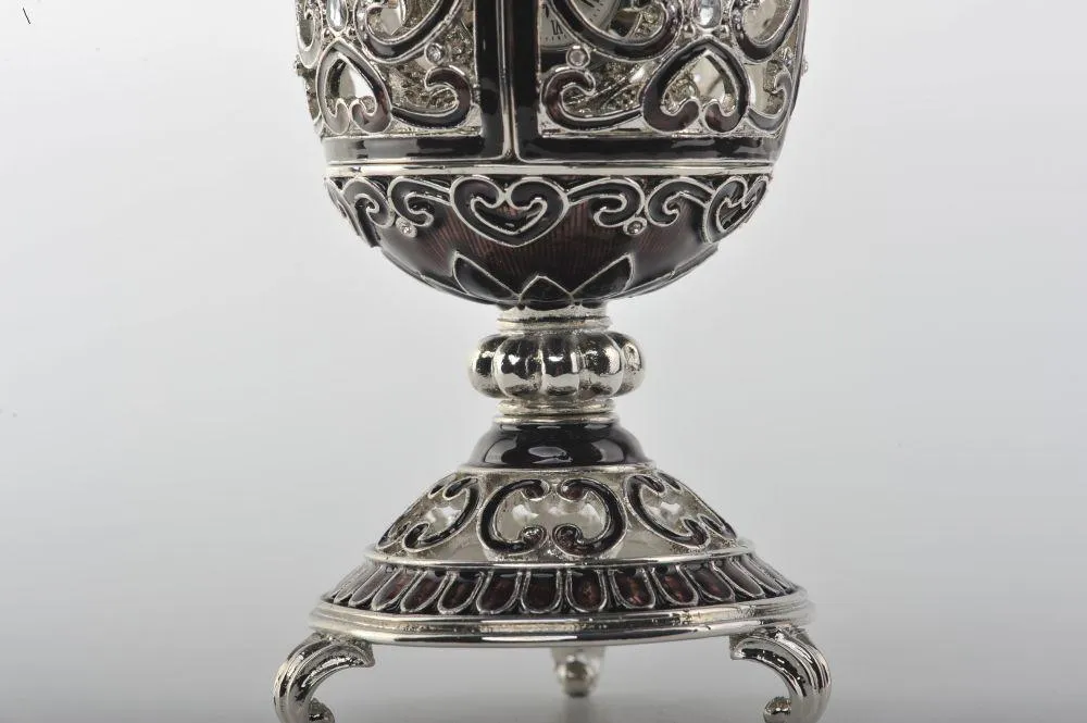 Silver & Black Faberge Style Egg with a Clock Inside