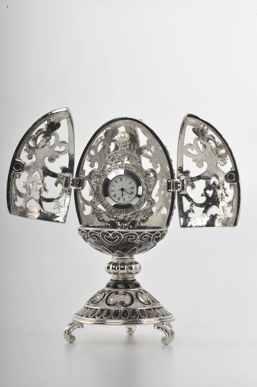 Silver & Black Faberge Style Egg with a Clock Inside