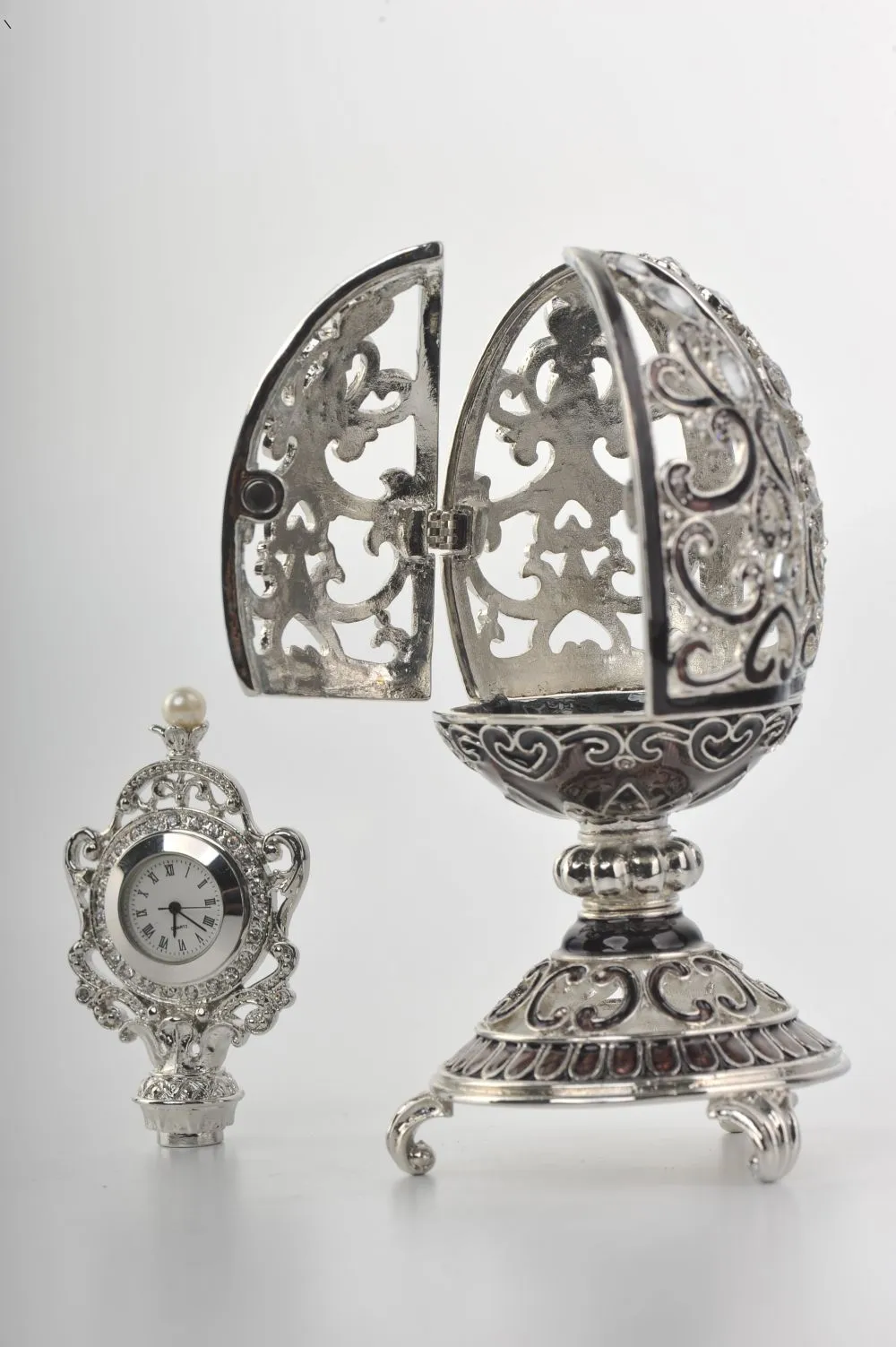 Silver & Black Faberge Style Egg with a Clock Inside