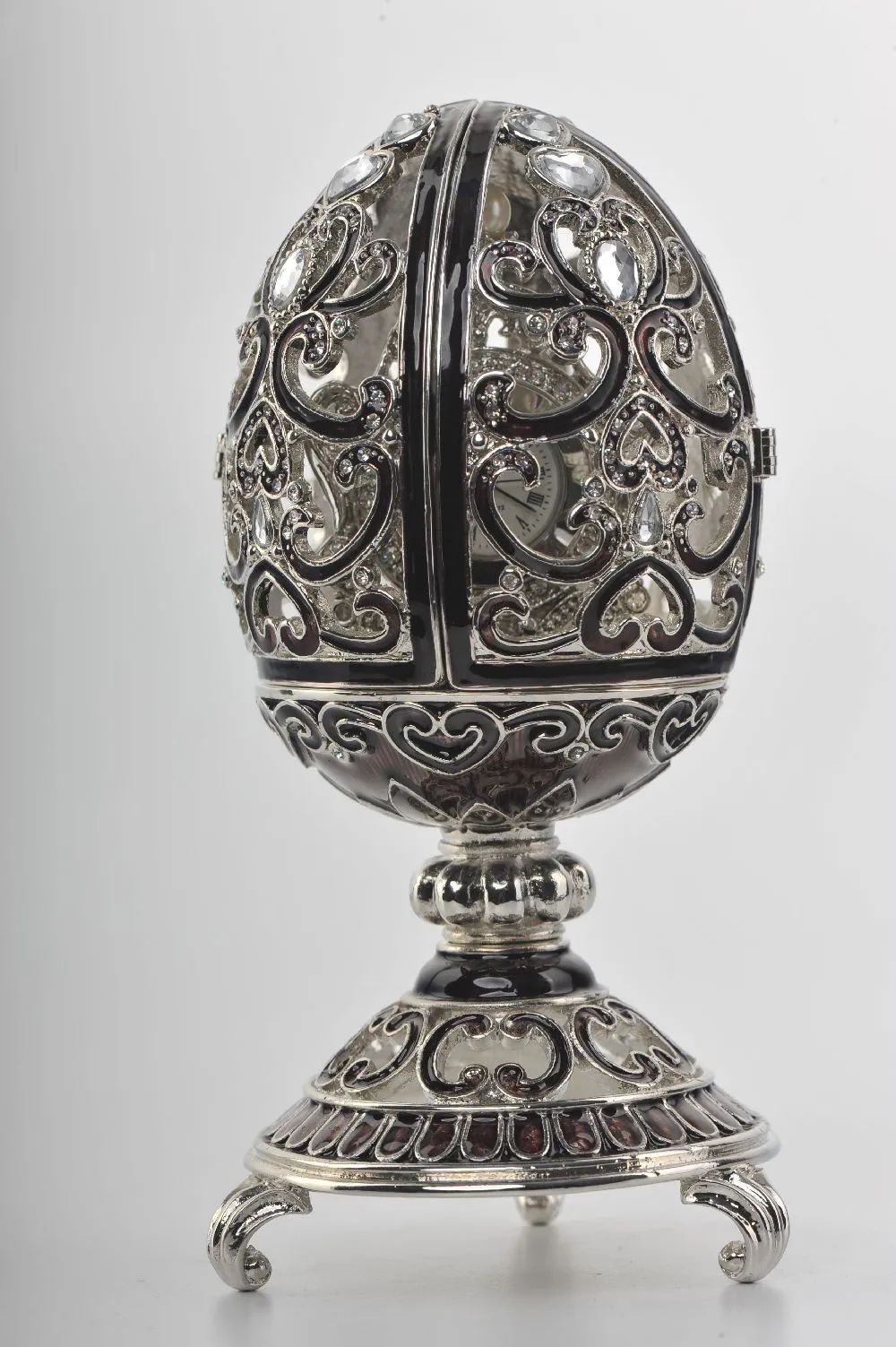 Silver & Black Faberge Style Egg with a Clock Inside
