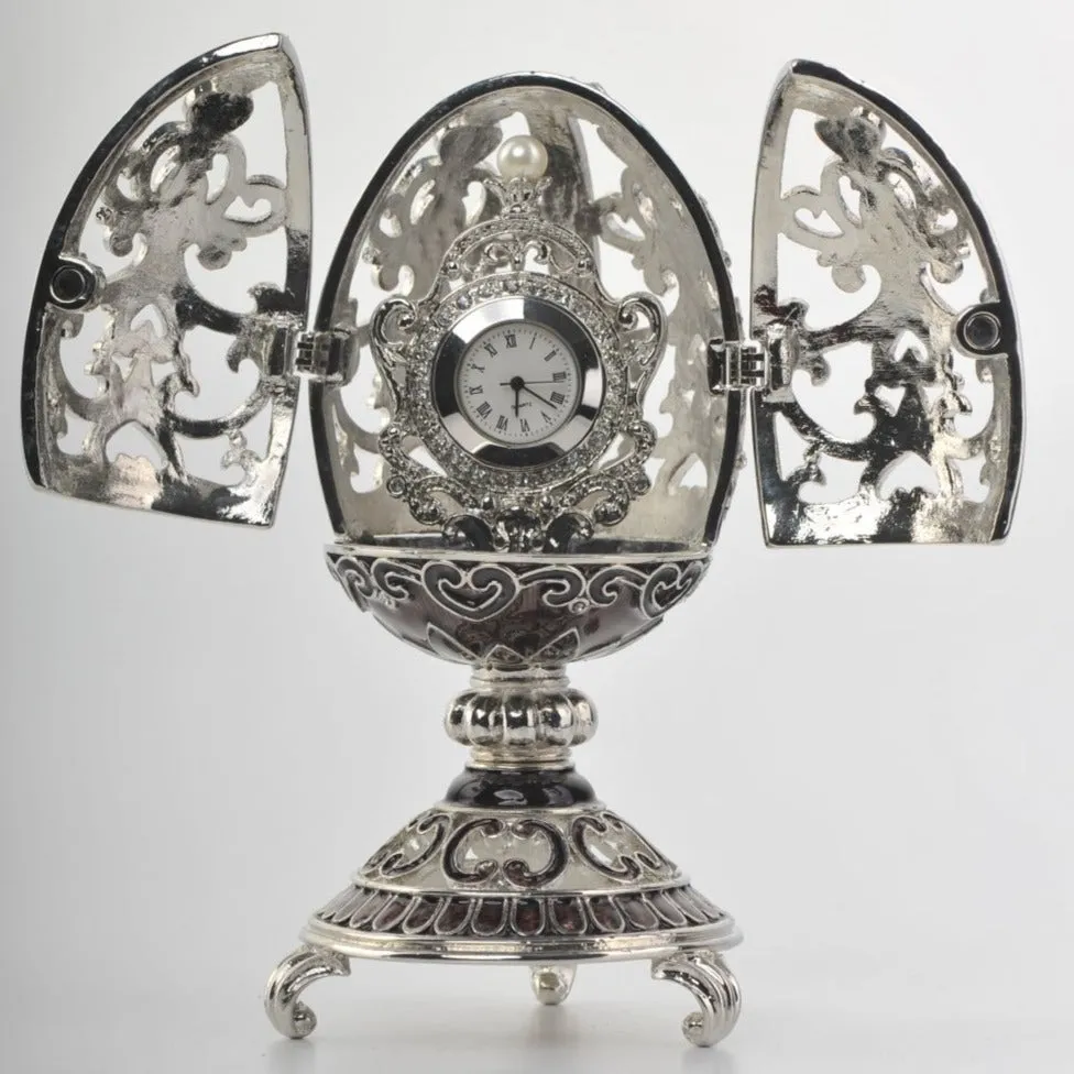 Silver & Black Faberge Style Egg with a Clock Inside