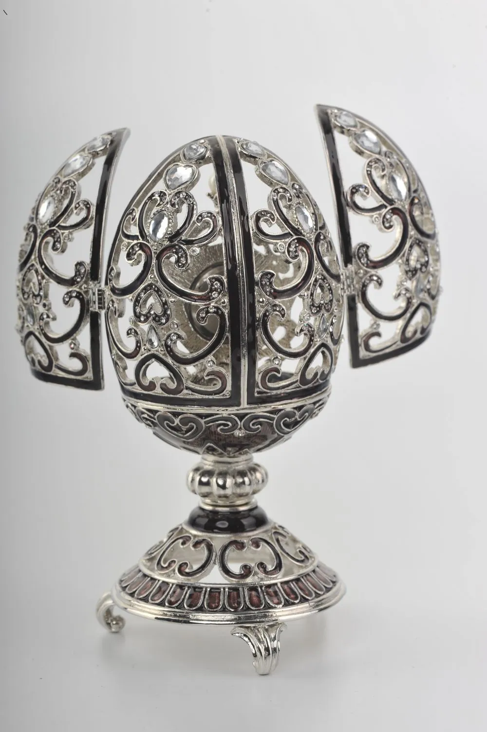 Silver & Black Faberge Style Egg with a Clock Inside