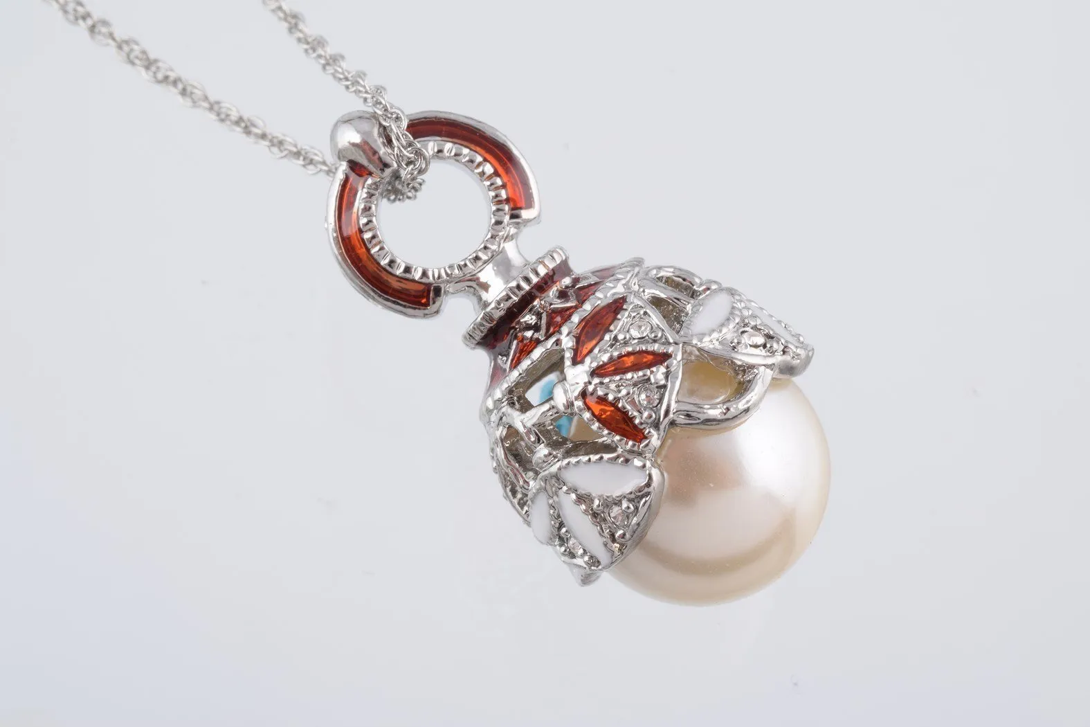 Silver & Red Pearl Egg Pendant Necklace