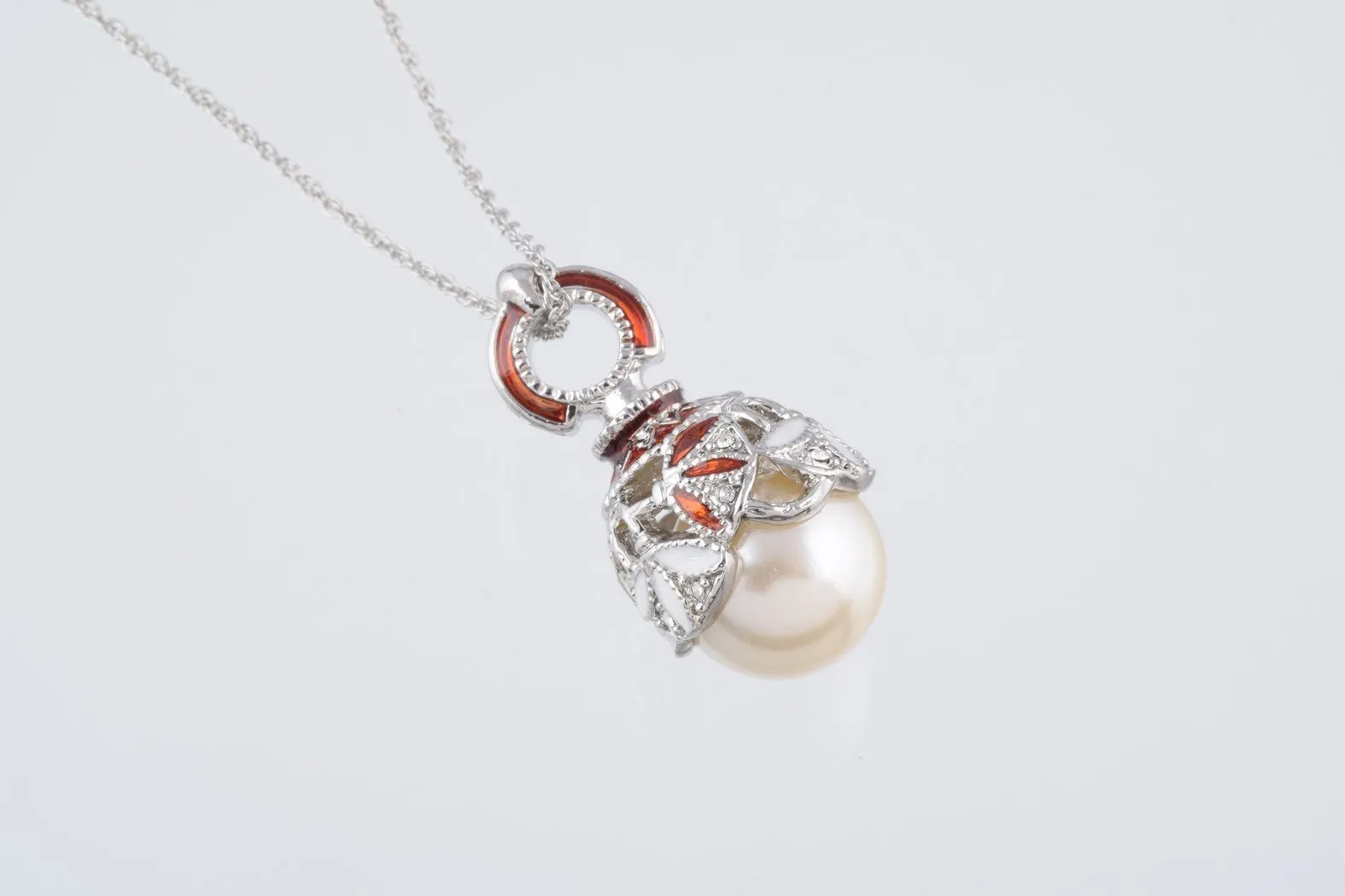 Silver & Red Pearl Egg Pendant Necklace